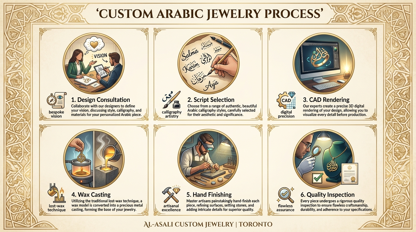 Arabic calligraphy jewelry making process Toronto — 5 steps: free consultation, proofread every character, CAD design with unlimited revisions, casting and hand-setting in Toronto studio, final inspection by Mohammad Al-Asali before shipping