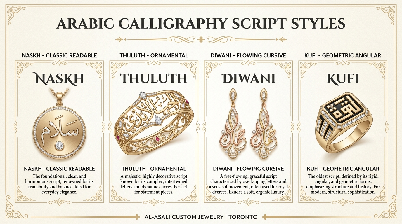 Arabic calligraphy script styles for jewelry Toronto — Naskh (clear, readable, everyday), Thuluth (bold, majestic, statement pieces), Ruq'ah (compact, modern), and Diwani (fluid, ornamental) with descriptions and best use cases