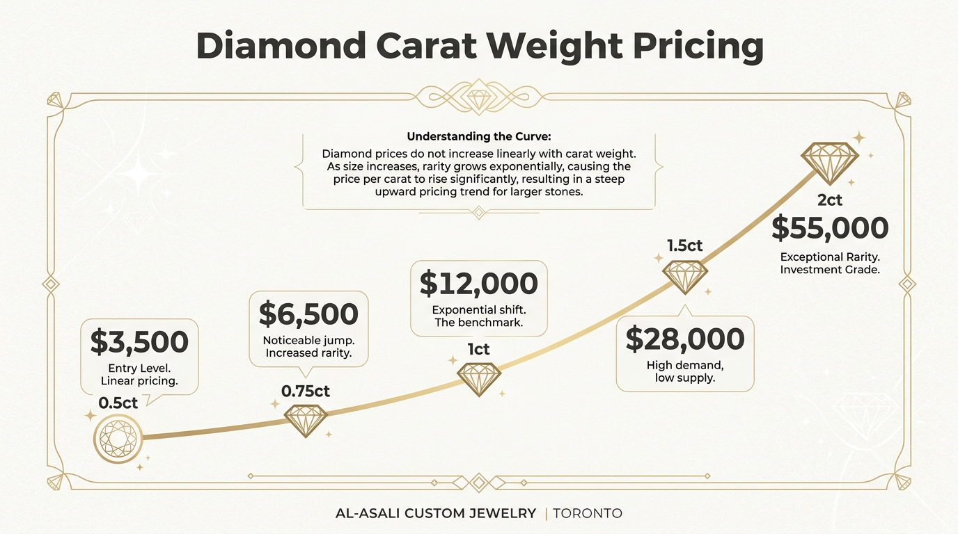 Lab-grown vs natural diamond comparison for engagement rings Toronto 2026 — identical 4Cs, lab-grown saves roughly 40–70% depending on carat size, natural holds resale value over decades