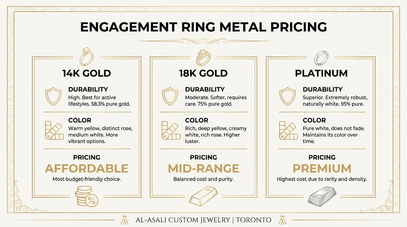 Custom engagement ring metal guide Toronto 2026 — comparing 10K, 14K, 18K gold and platinum: durability, colour, purity, and what each metal is best suited for