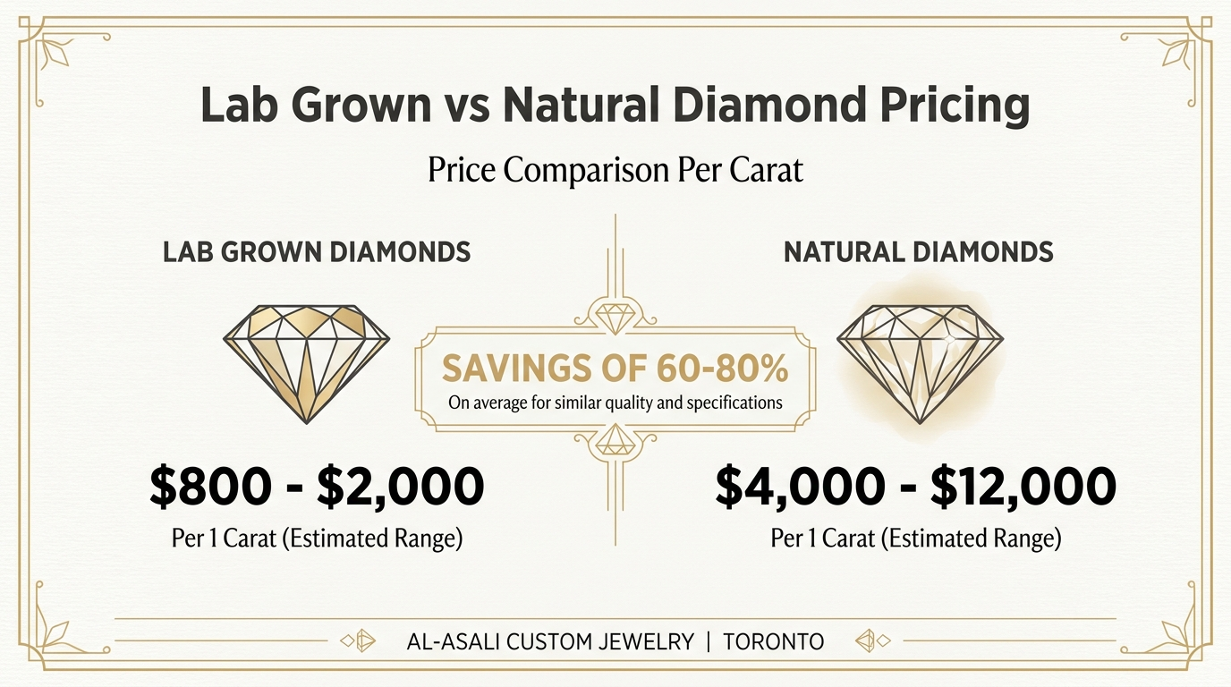 Lab-grown vs natural diamond price comparison Toronto 2026 — proportional bars showing lab-grown saves roughly 40–70% depending on carat size, with savings growing at larger carats