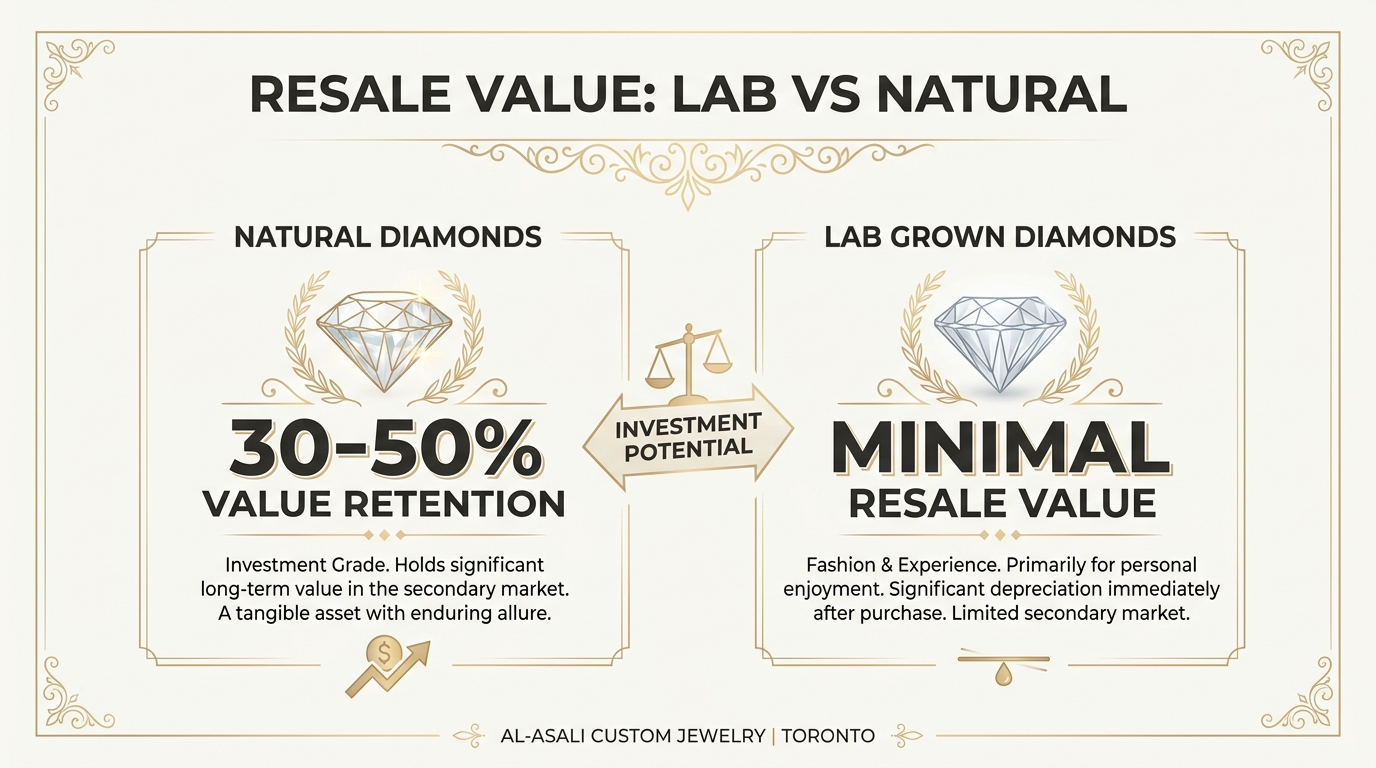 Diamond resale value comparison Toronto 2026 — natural diamond holds value over decades with established secondary market, lab-grown retail prices have declined significantly since 2020 with limited resale market